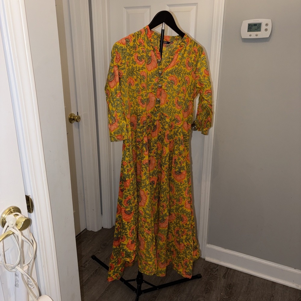 Gulmohar Jaipur mustard yellow floral printed maxi dress XXL Casual Ethnic EUC